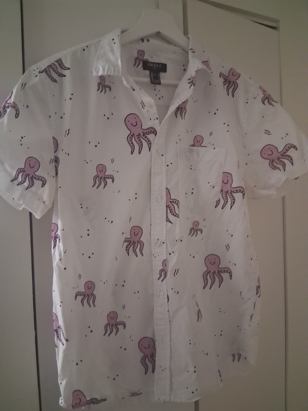 White Short-Sleeve Button-Up Shirt with Pink Octopus Print